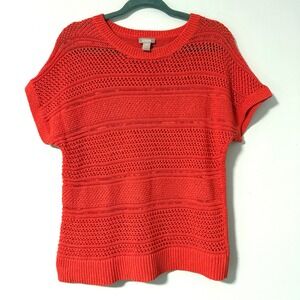 Chico's Orange Open Knit Crochet Cropped Short Sleeve Sweater Top Women Size 2=L